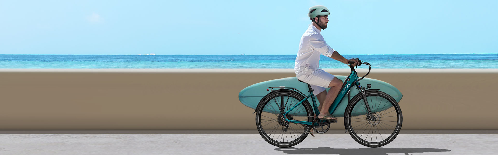 A man wearing a helmet rides a Fiido C11 electric bike while holding a surfboard.