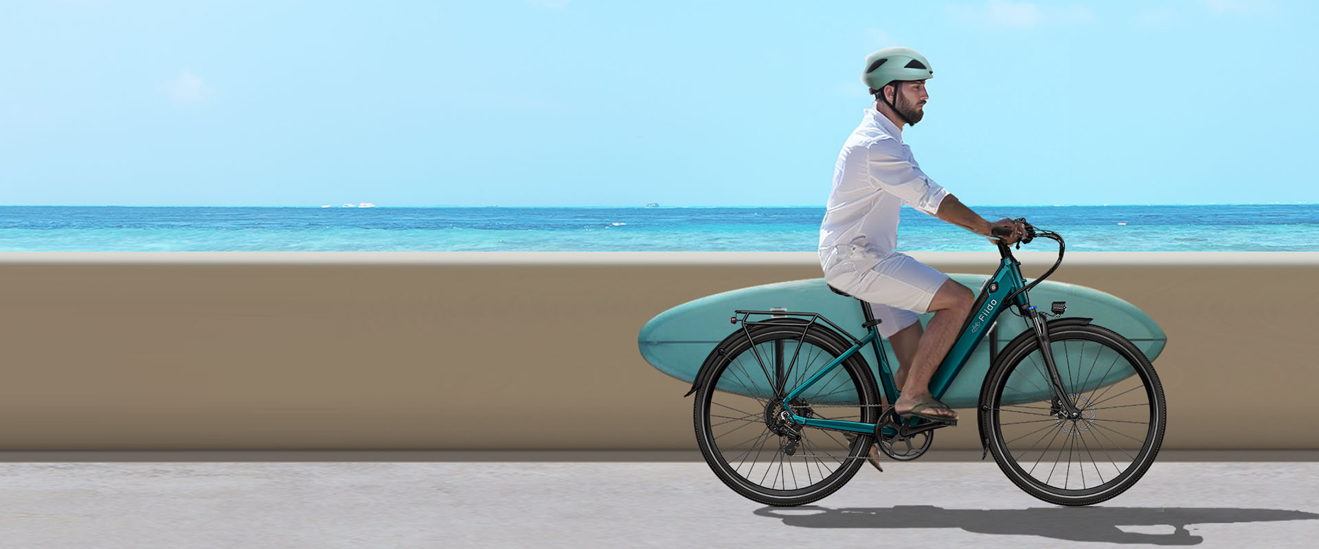 A man wearing a helmet rides a Fiido C11 electric bike while holding a surfboard - pc